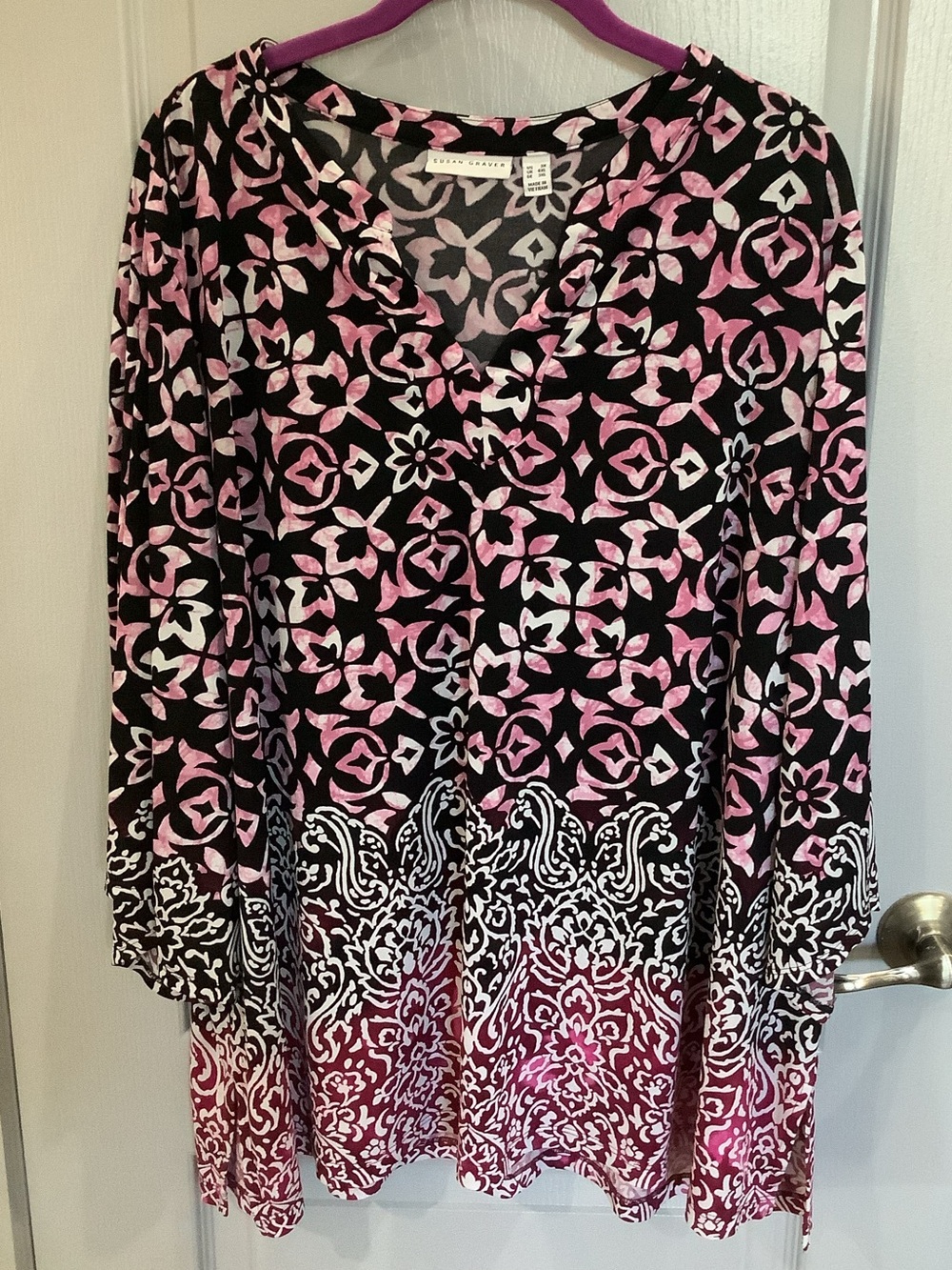 Susan Graver Liquid Knit Black and Pink Printed Casual Tunic